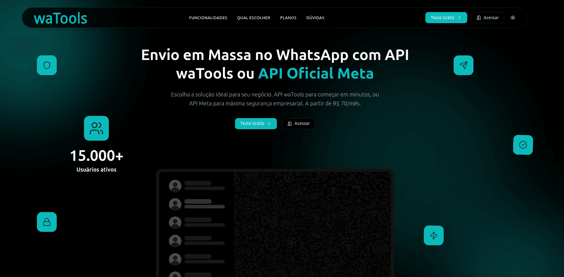 Página pública da plataforma waTools